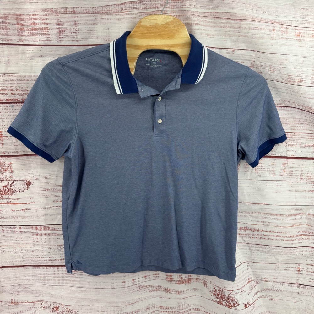 UNTUCKit Polo Shirt Mens Large PBlue Heather Tipped Collar Pima Cotton Blend